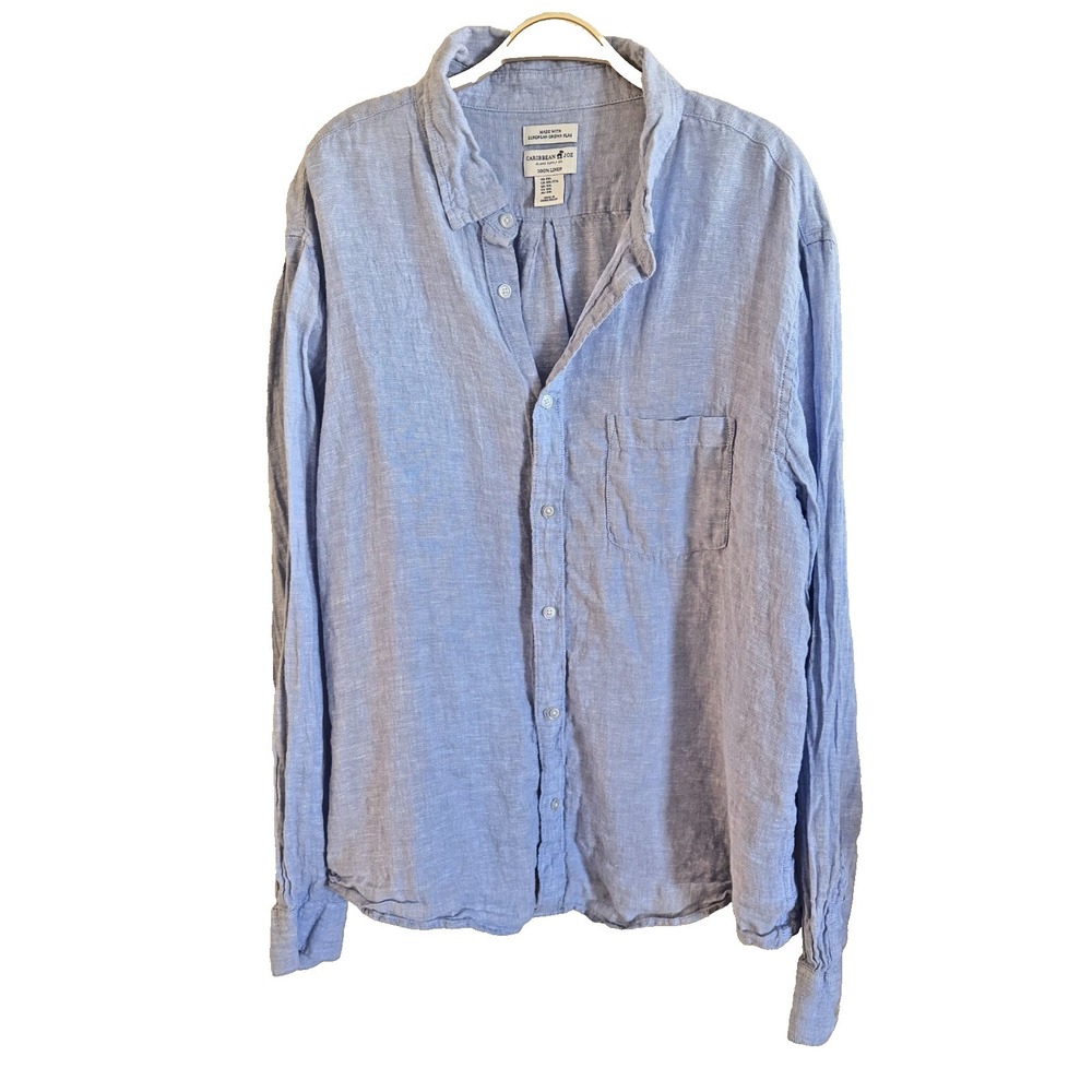 Caribbean Joe 100% Linen Button Down Blue Shirt Long Sleeve Men's Size XXL